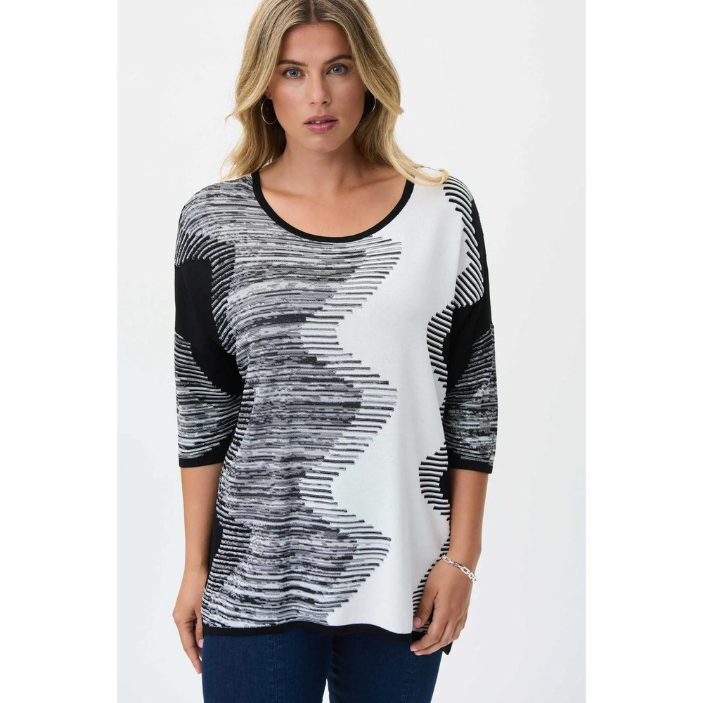 NEW Joseph Ribkoff Black Vanilla Abstract Wavy Knit Tunic Top XL Boat Neck